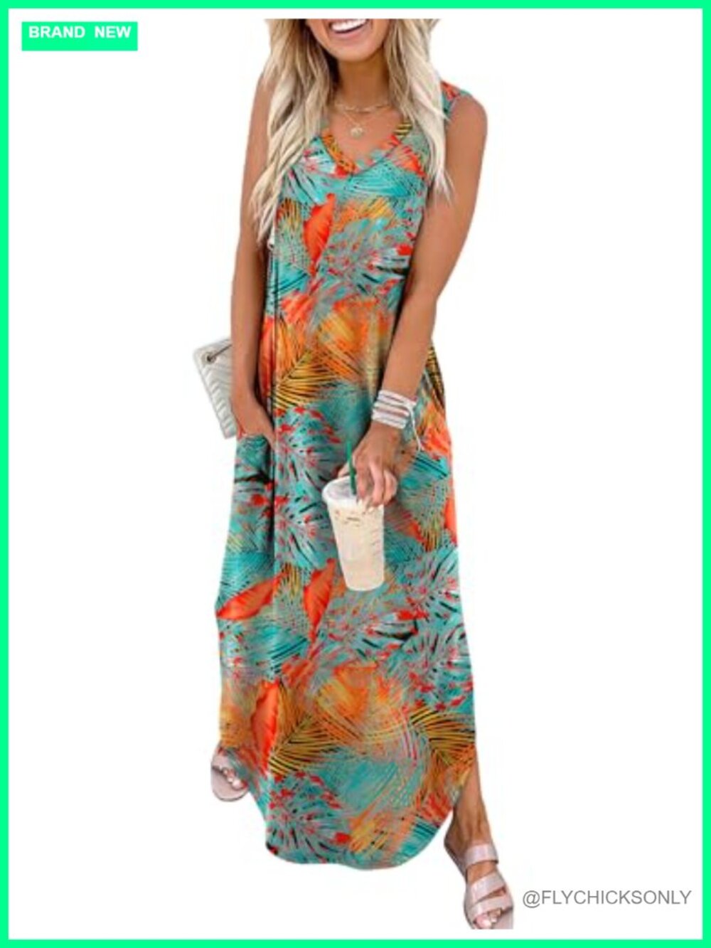 V-Neck Maxi Dress with Pockets Sleeveless Side Slit Summer Beach Sundress
